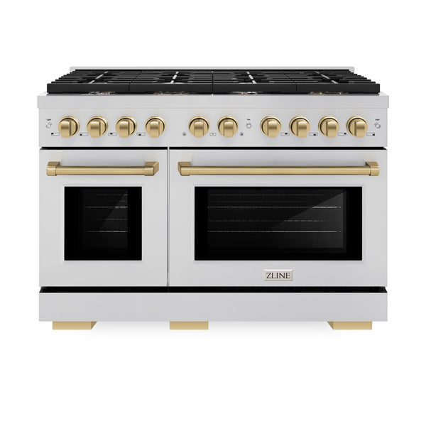 ZLINE Autograph Edition 48 in. 6.7 cu. ft. Paramount Double Oven Dual Fuel Range with 8 Burner Gas Cooktop in Stainless Steel and Champagne Bronze Accents (SDRZ-48-CB)