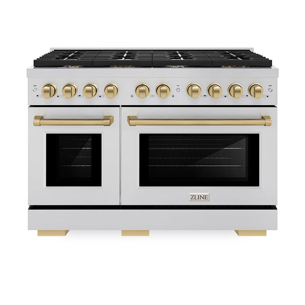 ZLINE Autograph Edition 48 in. 6.7 cu. ft. Paramount Double Oven Dual Fuel Range with 8 Burner Gas Cooktop in Stainless Steel and Champagne Bronze Accents, Open Box-Good Condition