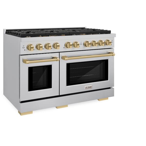 ZLINE Autograph Edition 48 in. 6.7 cu. ft. Paramount Double Oven Dual Fuel Range with 8 Burner Gas Cooktop in Stainless Steel and Champagne Bronze Accents (SDRZ-48-CB)