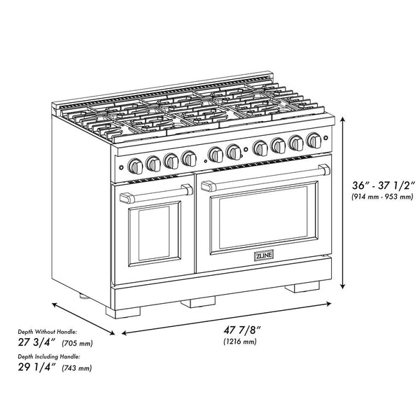 ZLINE Autograph Edition 48 in. 6.7 cu. ft. Paramount Double Oven Dual Fuel Range with 8 Burner Gas Cooktop in Stainless Steel and Polished Gold Accents (SDRZ-48-G) dimensional diagram.