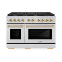 ZLINE Autograph Edition 48 in. 6.7 cu. ft. Paramount Double Oven Dual Fuel Range with 8 Burner Gas Cooktop in Stainless Steel and Polished Gold Accents (SDRZ-48-G) front.