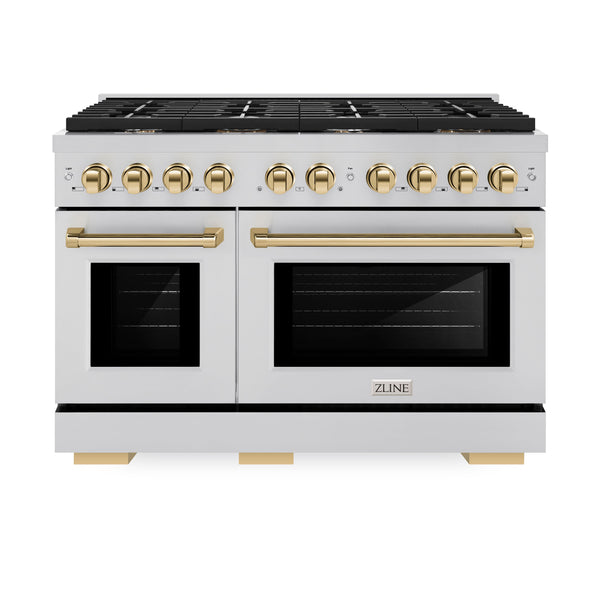 ZLINE Autograph Edition 48 in. 6.7 cu. ft. Paramount Double Oven Dual Fuel Range with 8 Burner Gas Cooktop in Stainless Steel and Polished Gold Accents (SDRZ-48-G) front, oven closed.