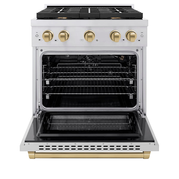 ZLINE Autograph Edition 30 in. 4.2 cu. ft. Paramount Gas Range with 4 Burner Cooktop and Convection Gas Oven in Stainless Steel and Champagne Bronze Accents, Open Box-Great Condition