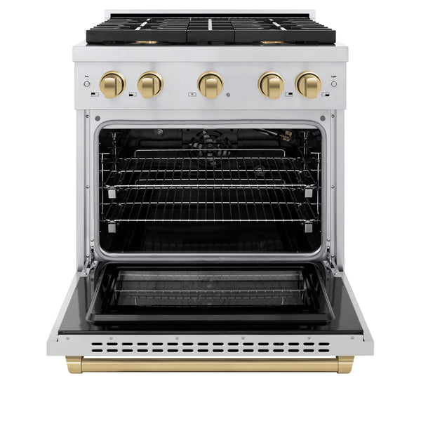 ZLINE Autograph Edition 30 in. 4.2 cu. ft. Paramount Gas Range with 4 Burner Cooktop and Convection Gas Oven in Stainless Steel and Champagne Bronze Accents, Open Box-Great Condition
