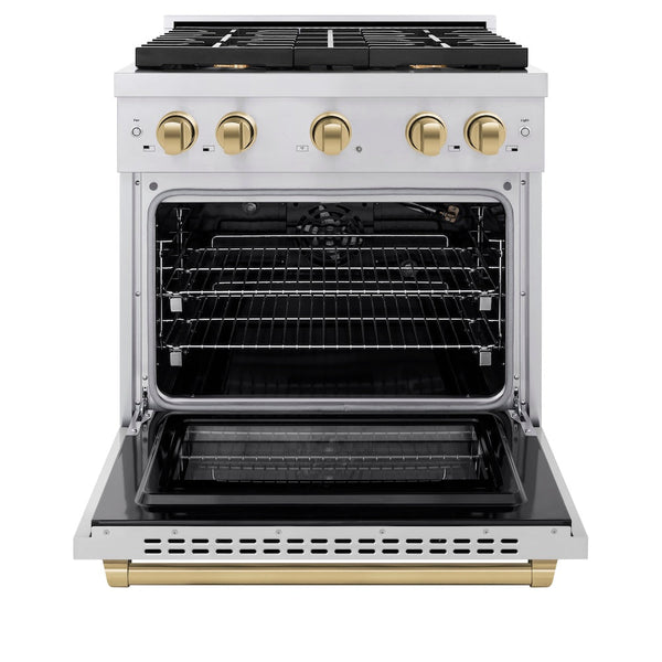 ZLINE Autograph Edition 30 in. 4.2 cu. ft. Paramount Gas Range with 4 Burner Cooktop and Convection Gas Oven in Stainless Steel and Champagne Bronze Accents, Open Box-Good Condition