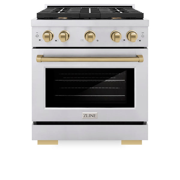 ZLINE Autograph Edition 30 in. 4.2 cu. ft. Paramount Gas Range with 4 Burner Cooktop and Convection Gas Oven in Stainless Steel and Champagne Bronze Accents, Open Box-Good Condition
