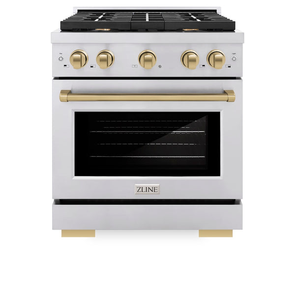 ZLINE Autograph Edition 30 in. 4.2 cu. ft. Paramount Gas Range with 4 Burner Cooktop and Convection Gas Oven in Stainless Steel and Champagne Bronze Accents, Open Box-Great Condition