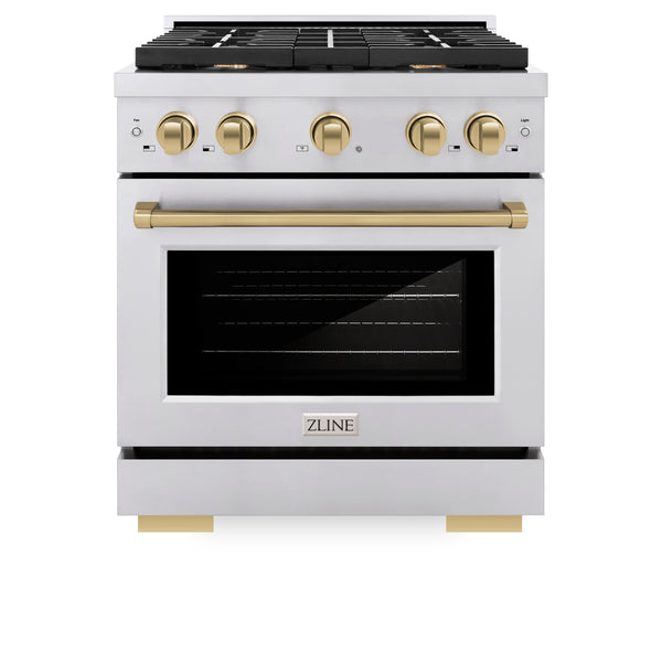 ZLINE Autograph Edition 30 in. 4.2 cu. ft. Paramount Gas Range with 4 Burner Cooktop and Convection Gas Oven in Stainless Steel and Champagne Bronze Accents, Open Box-Great Condition