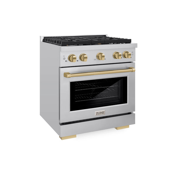 ZLINE Autograph Edition 30 in. 4.2 cu. ft. Paramount Gas Range with 4 Burner Cooktop and Convection Gas Oven in Stainless Steel and Champagne Bronze Accents, Open Box-Great Condition