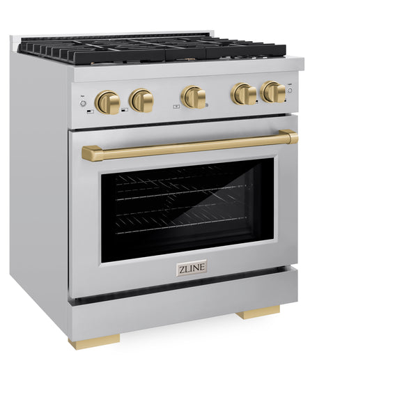 ZLINE Autograph Edition 30 in. 4.2 cu. ft. Paramount Gas Range with 4 Burner Cooktop and Convection Gas Oven in Stainless Steel and Champagne Bronze Accents, Open Box-Great Condition