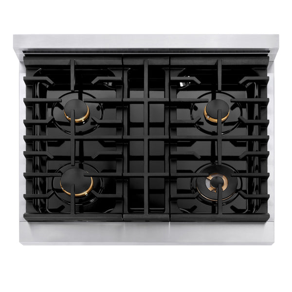 ZLINE Autograph Edition 30 in. 4.2 cu. ft. Paramount Gas Range with 4 Burner Cooktop and Convection Gas Oven in Stainless Steel and Champagne Bronze Accents, Open Box-Great Condition