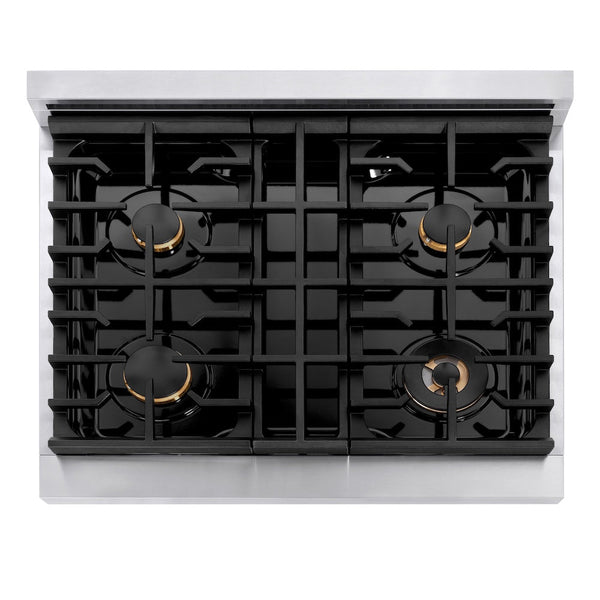 ZLINE Autograph Edition 30 in. 4.2 cu. ft. Paramount Gas Range with 4 Burner Cooktop and Convection Gas Oven in Stainless Steel and Champagne Bronze Accents, Open Box-Good Condition