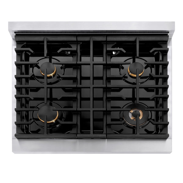ZLINE Autograph Edition 30 in. 4.2 cu. ft. Paramount Gas Range with 4 Burner Cooktop and Convection Gas Oven in Stainless Steel and Champagne Bronze Accents, Open Box-Great Condition