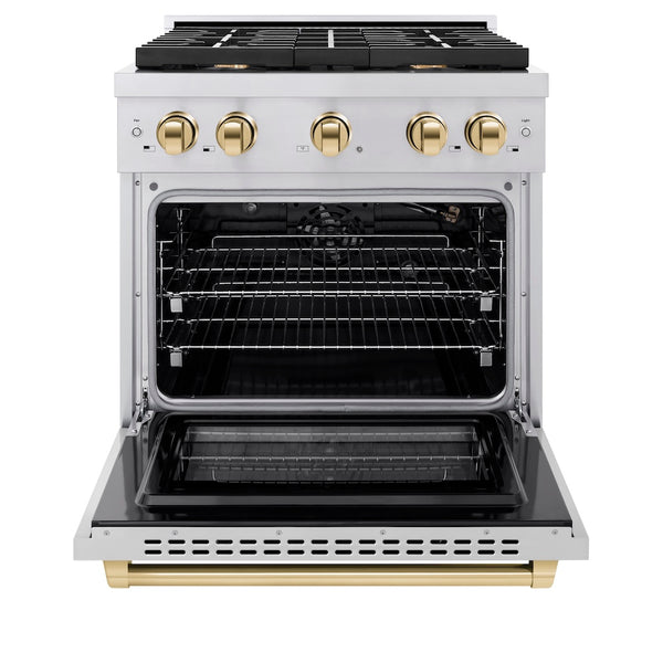 ZLINE Autograph Edition 30 in. 4.2 cu. ft. Paramount Gas Range with 4 Burner Cooktop and Convection Gas Oven in Stainless Steel and Polished Gold Accents, Open Box-Great Condition