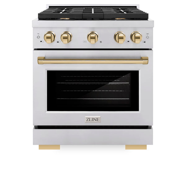 ZLINE Autograph Edition 30 in. 4.2 cu. ft. Paramount Gas Range with 4 Burner Cooktop and Convection Gas Oven in Stainless Steel and Polished Gold Accents, Open Box-Great Condition