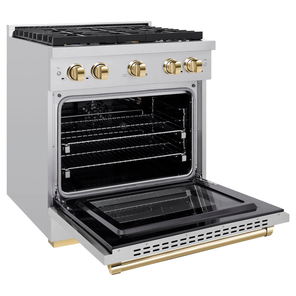 ZLINE Autograph Edition 30 in. 4.2 cu. ft. Paramount Gas Range with 4 Burner Cooktop and Convection Gas Oven in Stainless Steel and Polished Gold Accents, Open Box-Great Condition