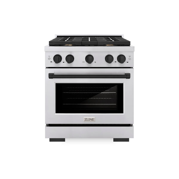 ZLINE Autograph Edition 30 in. 4.2 cu. ft. Paramount Gas Range with 4 Burner Cooktop and Convection Gas Oven in Stainless Steel and Matte Black Accents (SGRZ-30-MB)