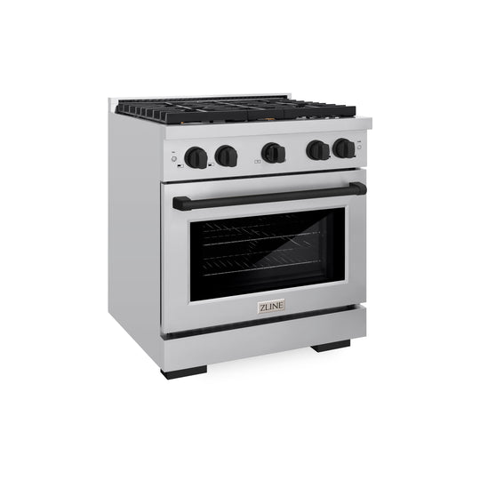 ZLINE Autograph Edition 30 in. 4.2 cu. ft. Paramount Gas Range with 4 Burner Cooktop and Convection Gas Oven in Stainless Steel and Matte Black Accents, Open Box-Great Condition