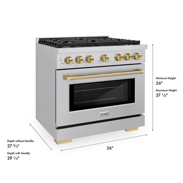 ZLINE Autograph Edition 36 in. 5.2 cu. ft. Paramount Gas Range with 6 Burner Cooktop and Convection Gas Oven in Stainless Steel and Champagne Bronze Accents, Open Box-Great Condition