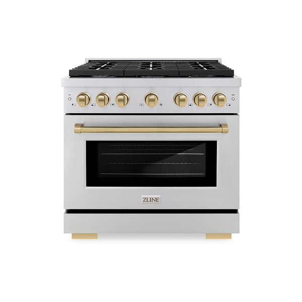 ZLINE Autograph Edition 36 in. 5.2 cu. ft. Paramount Gas Range with 6 Burner Cooktop and Convection Gas Oven in Stainless Steel and Champagne Bronze Accents, Open Box-Great Condition