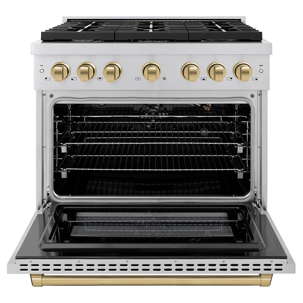 ZLINE Autograph Edition 36 in. 5.2 cu. ft. Paramount Gas Range with 6 Burner Cooktop and Convection Gas Oven in Stainless Steel and Champagne Bronze Accents, Open Box-Good Condition