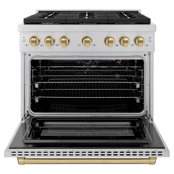 ZLINE Autograph Edition 36 in. 5.2 cu. ft. Paramount Gas Range with 6 Burner Cooktop and Convection Gas Oven in Stainless Steel and Champagne Bronze Accents, Open Box-Great Condition