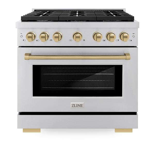 ZLINE Autograph Edition 36 in. 5.2 cu. ft. Paramount Gas Range with 6 Burner Cooktop and Convection Gas Oven in Stainless Steel and Champagne Bronze Accents, Open Box-Great Condition