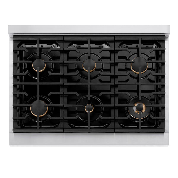 ZLINE Autograph Edition 36 in. 5.2 cu. ft. Paramount Gas Range with 6 Burner Cooktop and Convection Gas Oven in Stainless Steel and Champagne Bronze Accents, Open Box-Great Condition