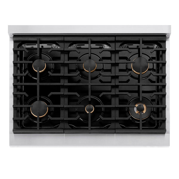 ZLINE Autograph Edition 36 in. 5.2 cu. ft. Paramount Gas Range with 6 Burner Cooktop and Convection Gas Oven in Stainless Steel and Champagne Bronze Accents, Open Box-Good Condition