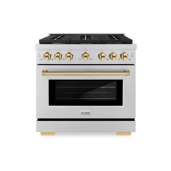 ZLINE Autograph Edition 36 in. 5.2 cu. ft. Paramount Gas Range with 6 Burner Cooktop and Convection Gas Oven in Stainless Steel and Polished Gold Accents, Open Box-Great Condition