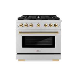 ZLINE Autograph Edition 36 in. 5.2 cu. ft. Paramount Gas Range with 6 Burner Cooktop and Convection Gas Oven in Stainless Steel and Polished Gold Accents (SGRZ-36-G)