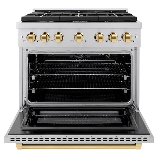 ZLINE Autograph Edition 36 in. 5.2 cu. ft. Paramount Gas Range with 6 Burner Cooktop and Convection Gas Oven in Stainless Steel and Polished Gold Accents, Open Box-Good Condition