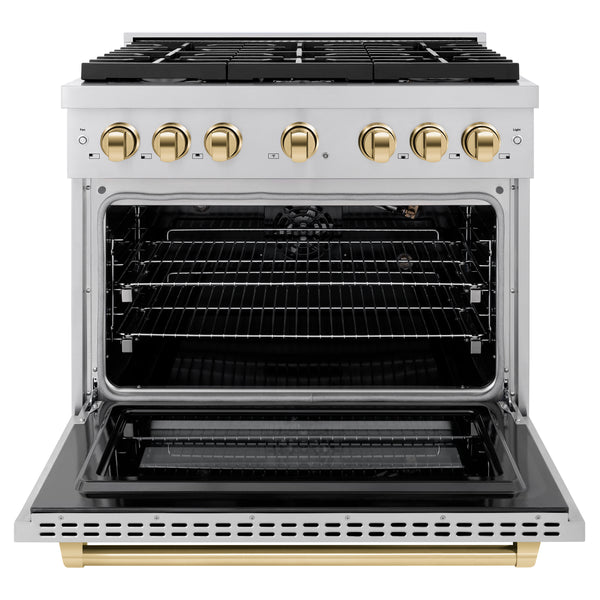 ZLINE Autograph Edition 36 in. 5.2 cu. ft. Paramount Gas Range with 6 Burner Cooktop and Convection Gas Oven in Stainless Steel and Polished Gold Accents, Open Box-Great Condition