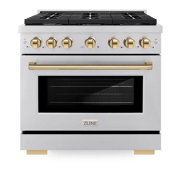 ZLINE Autograph Edition 36 in. 5.2 cu. ft. Paramount Gas Range with 6 Burner Cooktop and Convection Gas Oven in Stainless Steel and Polished Gold Accents, Open Box-Good Condition