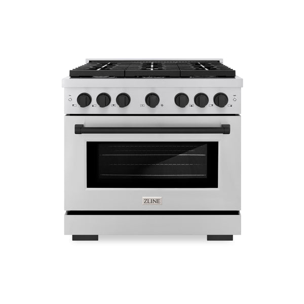 ZLINE Autograph Edition 36 in. 5.2 cu. ft. Paramount Gas Range with 6 Burner Cooktop and Convection Gas Oven in Stainless Steel and Matte Black Accents (SGRZ-36-MB)