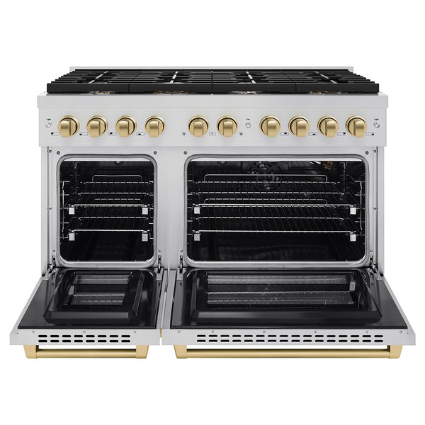 ZLINE Autograph Edition 48 in. 6.7 cu. ft. Paramount Double Oven Gas Range with 8 Burner Cooktop in Stainless Steel and Champagne Bronze Accents, Open Box-Great Condition