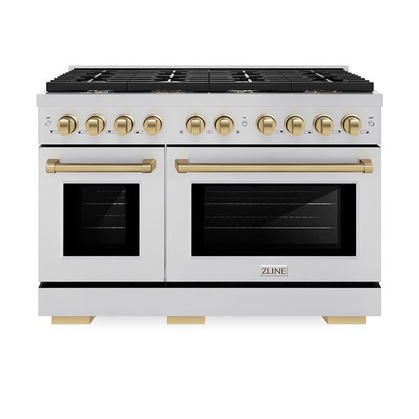 ZLINE Autograph Edition 48 in. 6.7 cu. ft. Paramount Double Oven Gas Range with 8 Burner Cooktop in Stainless Steel and Champagne Bronze Accents, Open Box-Great Condition