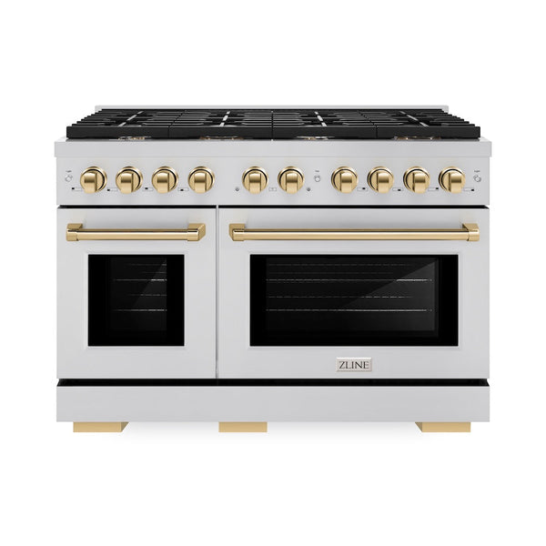 ZLINE Autograph Edition 48 in. 6.7 cu. ft. Paramount Double Oven Gas Range with 8 Burner Cooktop in Stainless Steel and Polished Gold Accents, Open Box-Good Condition