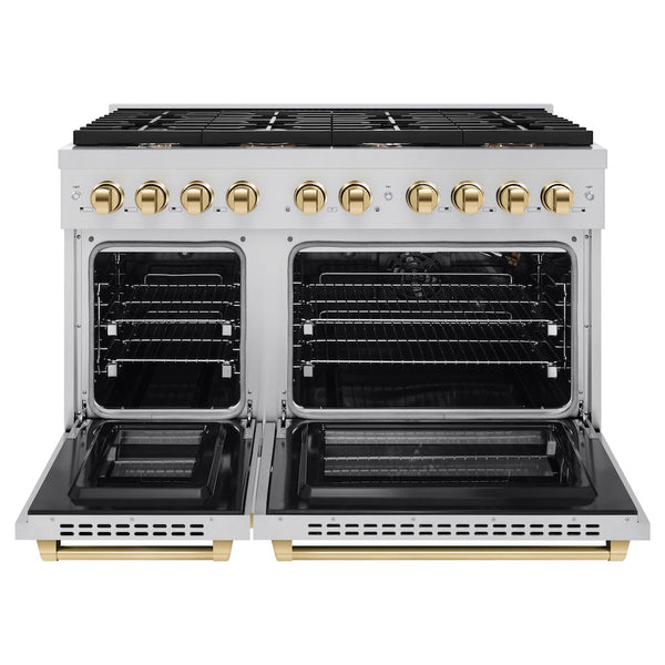 ZLINE Autograph Edition 48 in. 6.7 cu. ft. Paramount Double Oven Gas Range with 8 Burner Cooktop in Stainless Steel and Polished Gold Accents, Open Box-Good Condition