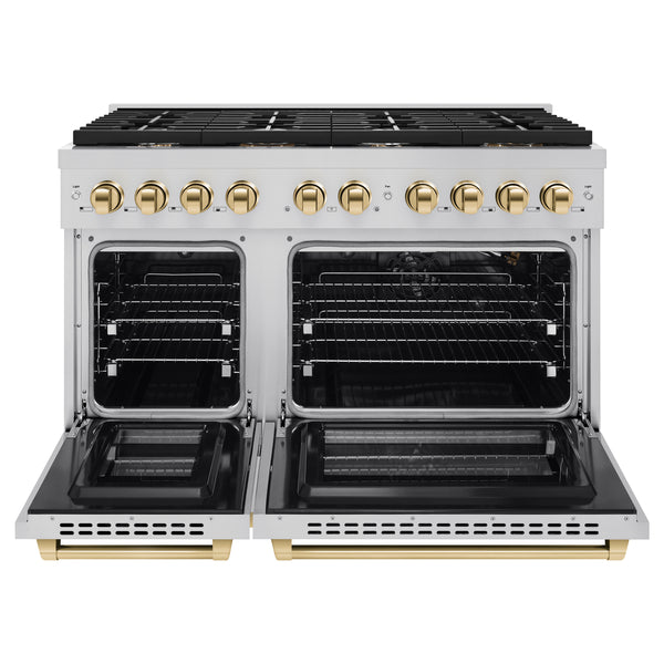 ZLINE Autograph Edition 48 in. 6.7 cu. ft. Paramount Double Oven Gas Range with 8 Burner Cooktop in Stainless Steel and Polished Gold Accents, Open Box-Great Condition