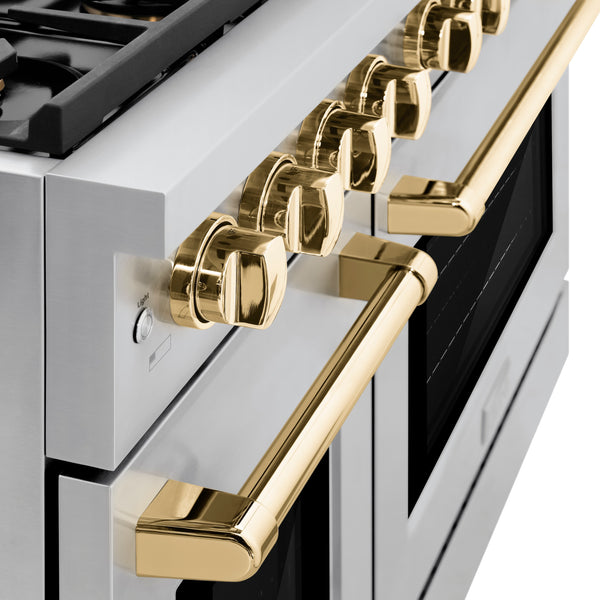 ZLINE Autograph Edition 48 in. 6.7 cu. ft. Paramount Double Oven Gas Range with 8 Burner Cooktop in Stainless Steel and Polished Gold Accents (SGRZ-48-G)