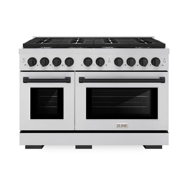 ZLINE Autograph Edition 48 in. 6.7 cu. ft. Paramount Double Oven Gas Range with 8 Burner Cooktop in Stainless Steel and Matte Black Accents (SGRZ-48-MB)