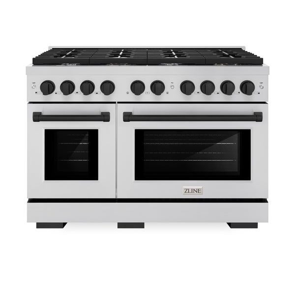 ZLINE Autograph Edition 48 in. 6.7 cu. ft. Paramount Double Oven Gas Range with 8 Burner Cooktop in Stainless Steel and Matte Black Accents (SGRZ-48-MB)