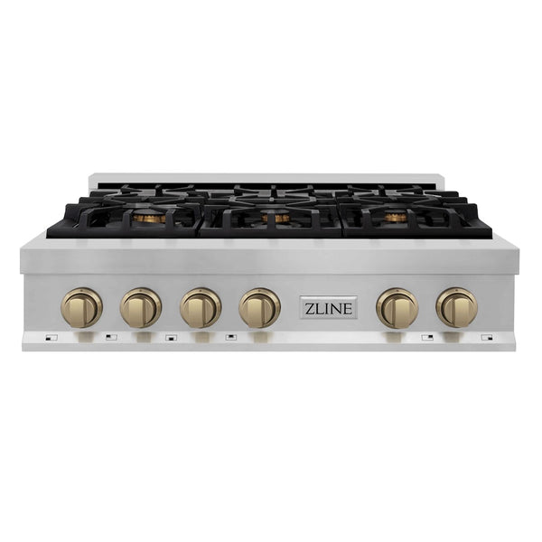 ZLINE Autograph Edition 36 in. Legacy Gas Rangetop with 6 Burners and Porcelain Cooktop in Stainless Steel with Champagne Bronze Accents, Open Box-Great Condition