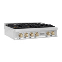 ZLINE Autograph Edition 36 in. Legacy Gas Rangetop with 6 Burners and Porcelain Cooktop in Stainless Steel with Polished Gold Accents, Open Box-Great Condition