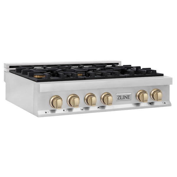 ZLINE Autograph Edition 36 in. Legacy Gas Rangetop with 6 Burners and Porcelain Cooktop in Stainless Steel with Polished Gold Accents, Open Box-Great Condition