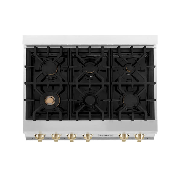 ZLINE Autograph Edition 36 in. Legacy Gas Rangetop with 6 Burners and Porcelain Cooktop in Stainless Steel with Polished Gold Accents, Open Box-Great Condition