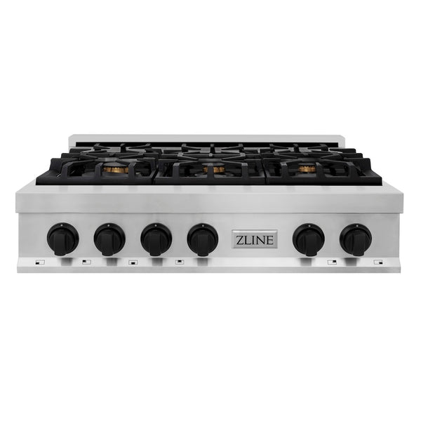 ZLINE Autograph Edition 36 in. Legacy Gas Rangetop with 6 Burners and Porcelain Cooktop in Stainless Steel with Matte Black Accents, Open Box-Great Condition