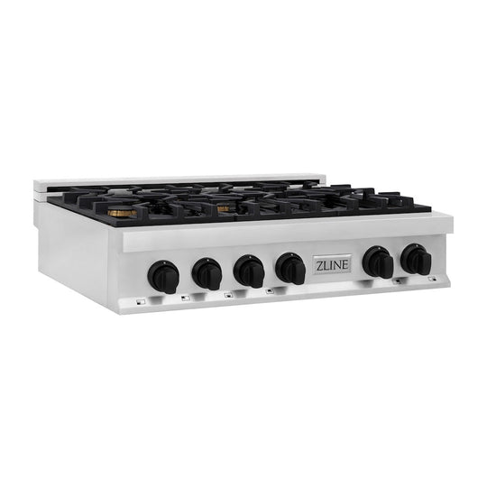 ZLINE Autograph Edition 36 in. Legacy Gas Rangetop with 6 Burners and Porcelain Cooktop in Stainless Steel with Matte Black Accents, Open Box-Good Condition