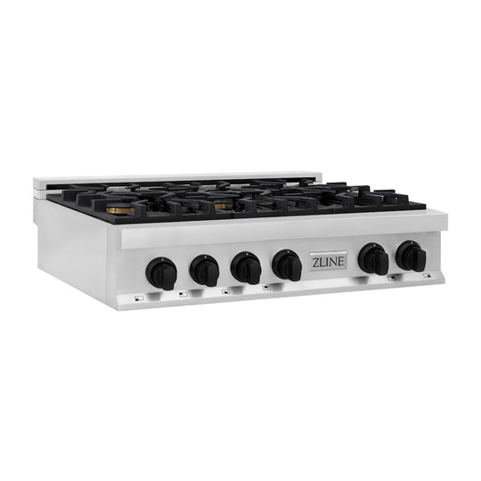 ZLINE Autograph Edition 36 in. Legacy Gas Rangetop with 6 Burners and Porcelain Cooktop in Stainless Steel with Matte Black Accents, Open Box-Great Condition